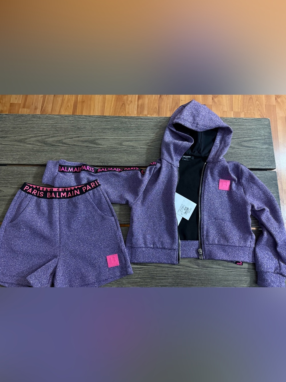 Balmain Purple Glitter Zip Hoodie and Shorts Set